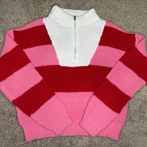 Salty Wave Womens' Striped Quarter-zip Sweater in Red and Pink, Small, NWOT